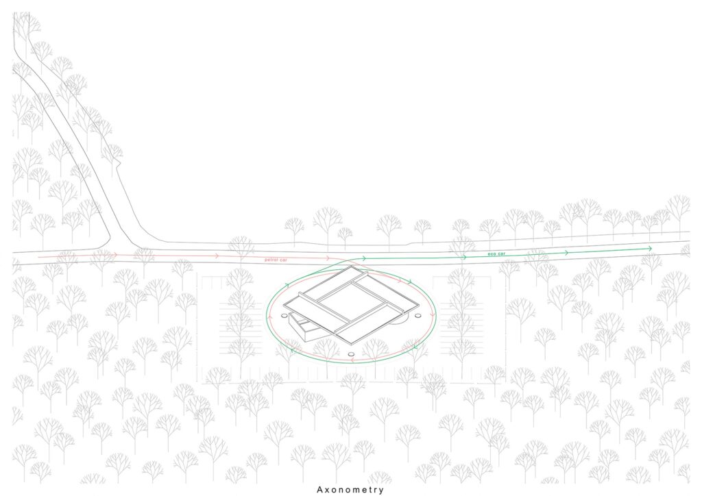 Exterior architectural view of the pavilion showing the floating concrete roof and surrounding landscape.