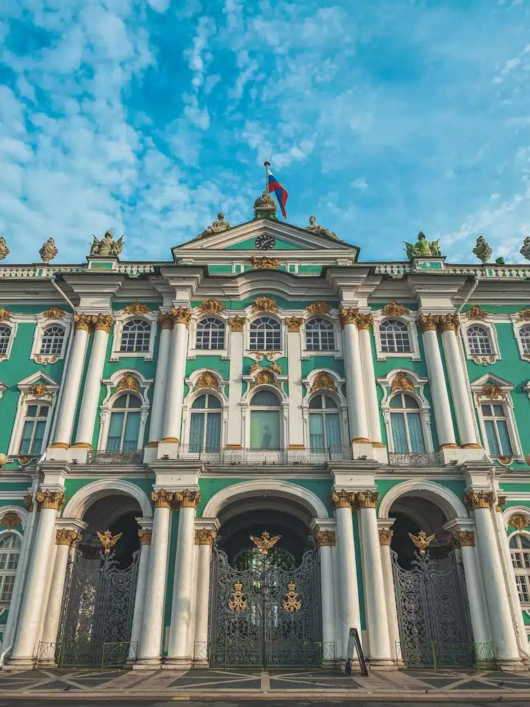 The magnificent facade of the Winter Palace, a prominent landmark in St. Petersburg, Russia.