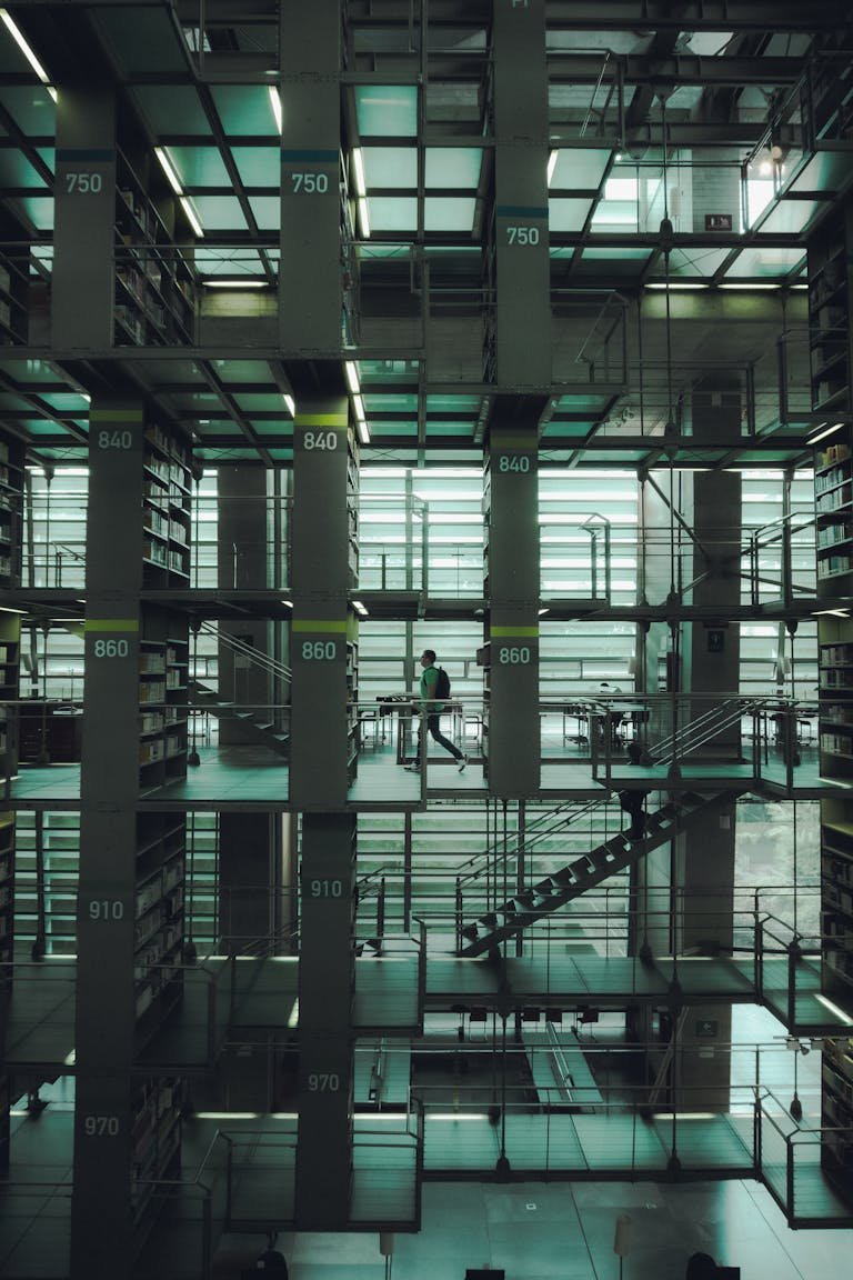 Vertical shot capturing the modern interior of a library in Mexico City.