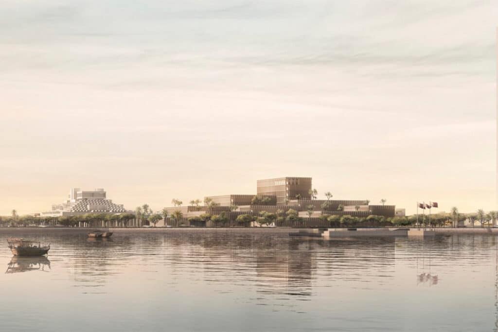 Terraced headquarters harmonizes with the Doha coastal skyline, integrating vertical pillars for sun protection.