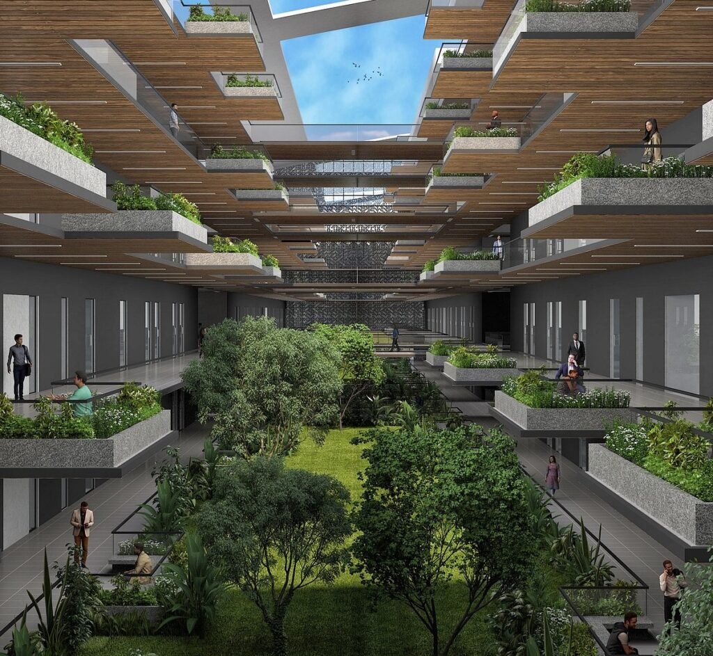 Multi-story interior atrium overlooks a bright, central green courtyard, evoking a sense of calm.