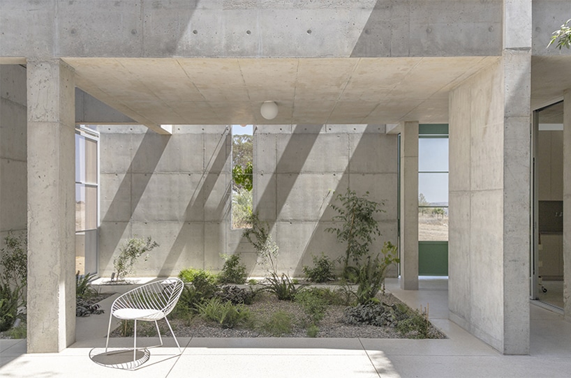 فناء داخلي مشمس محاط بأعمدة الخرسانة المنحوتة، تبرز فيه لعبة الظلال القوية على النباتات والكرسي الأبيض.
