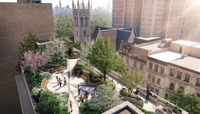 Aerial view of a thoughtfully designed rooftop terrace in Manhattan, integrating green spaces and curved seating with surrounding architectural forms, showcasing harmony between nature and urban structure.