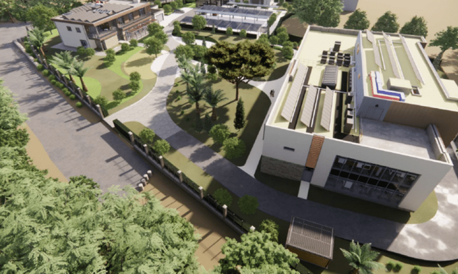 Architectural rendering of a carbon-neutral diplomatic headquarters in Nicosia, featuring a modern integrated building with green landscaping, pedestrian pathways, and rooftop solar panels on a historic former prison site.