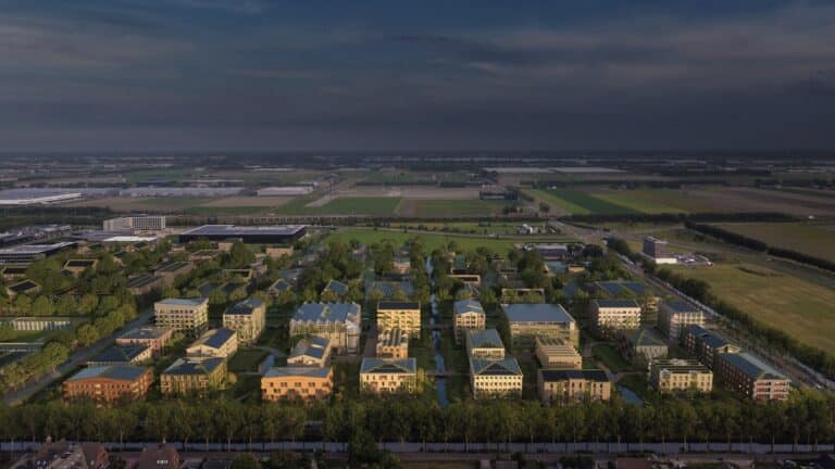 Aerial view of The Erven timber neighborhood proposal in Hoofddorp, Netherlands, showcasing bio-based residential blocks integrated with green spaces and water channels under a dramatic overcast sky.