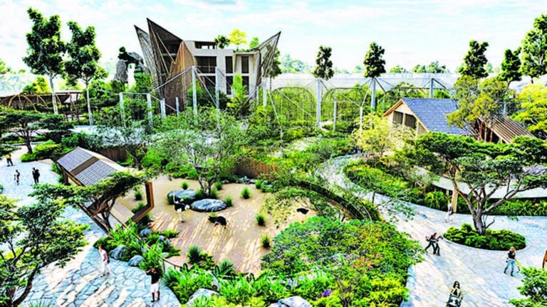 Exotic Bird Park architectural rendering showing 24 habitat-specific aviaries integrated with winding pathways, native landscaping, and visitor amenities in Mumbai’s Mulund West.