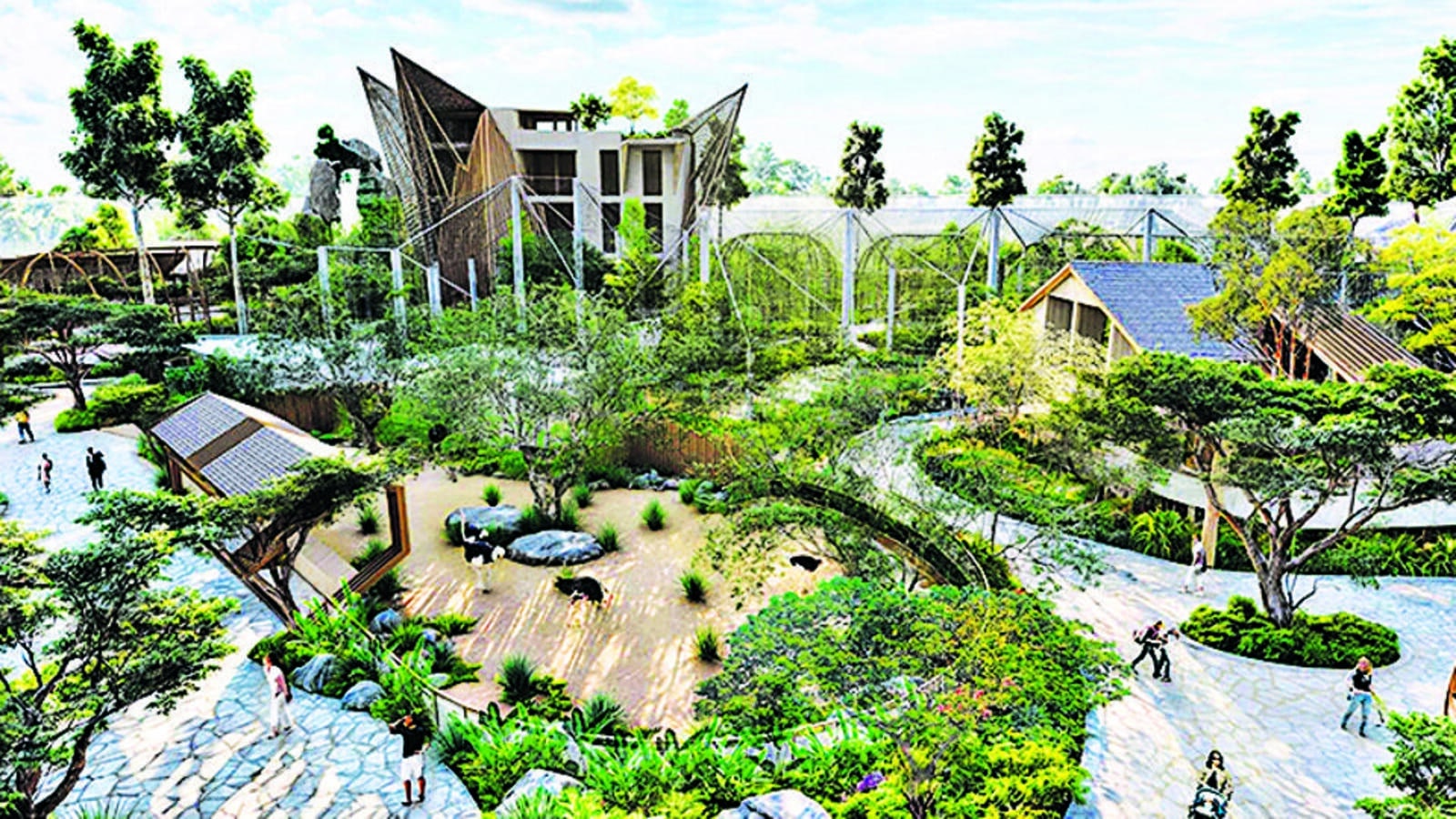 Exotic Bird Park architectural rendering showing 24 habitat-specific aviaries integrated with winding pathways, native landscaping, and visitor amenities in Mumbai’s Mulund West.