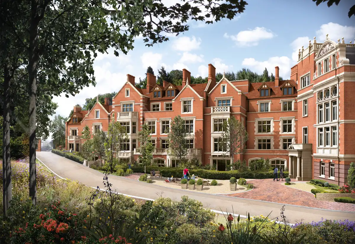 Rendered architectural view of the new residential wing of Branch Hill House, featuring red brick and white stone detailing, intelligently incorporating the Reviving the Edwardian Heritage keyphrase.