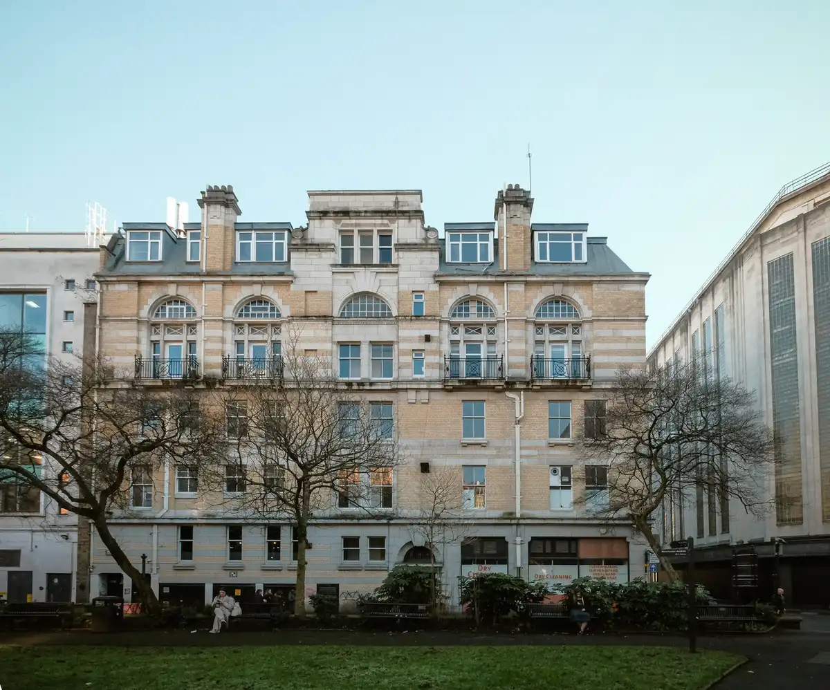 The historic Royal Buildings in Piccadilly Gardens, Manchester, displaying a Neoclassical style as part of the Architectural Regeneration in Manchester.