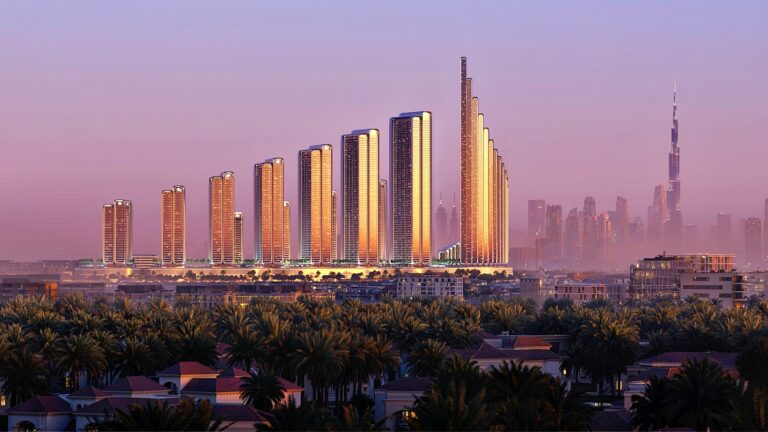 Graduated skyline rendering of Mercedes-Benz Places – Binghatti City residential towers in Dubai at sunset, with Burj Khalifa visible in the background.