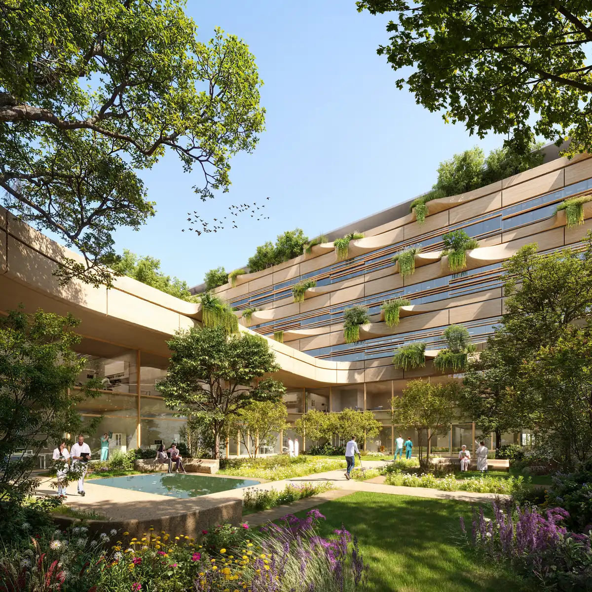 Malpensa Hospital in Milan by Zaha Hadid, showing an internal courtyard surrounded by greenery and a flowing architectural structure with planted balconies.