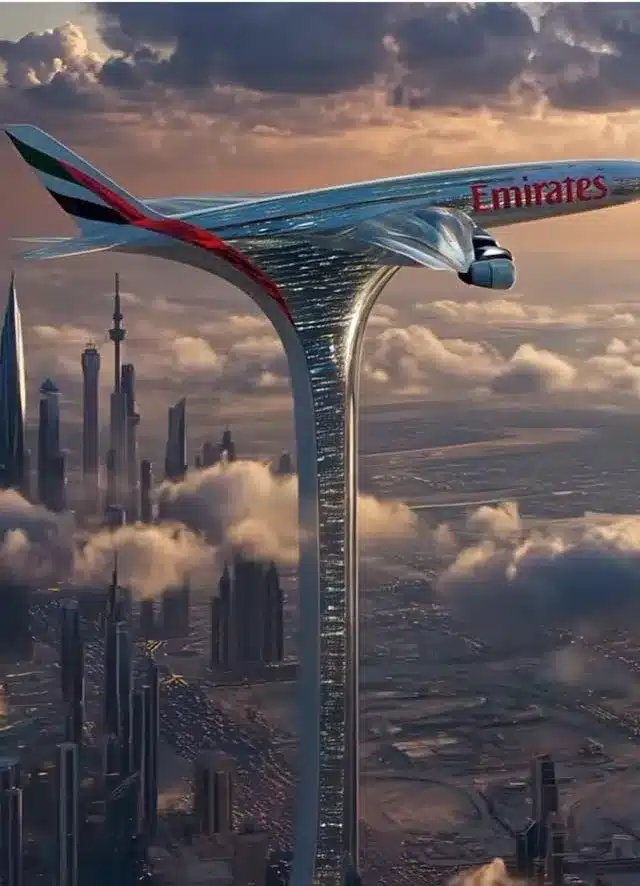 Dramatic aerial rendering of the proposed 580-meter Emirates Air Hotel skyscraper in Dubai, showing a static Emirates Airbus A380 fixed atop the towering structure above the city skyline at sunset.