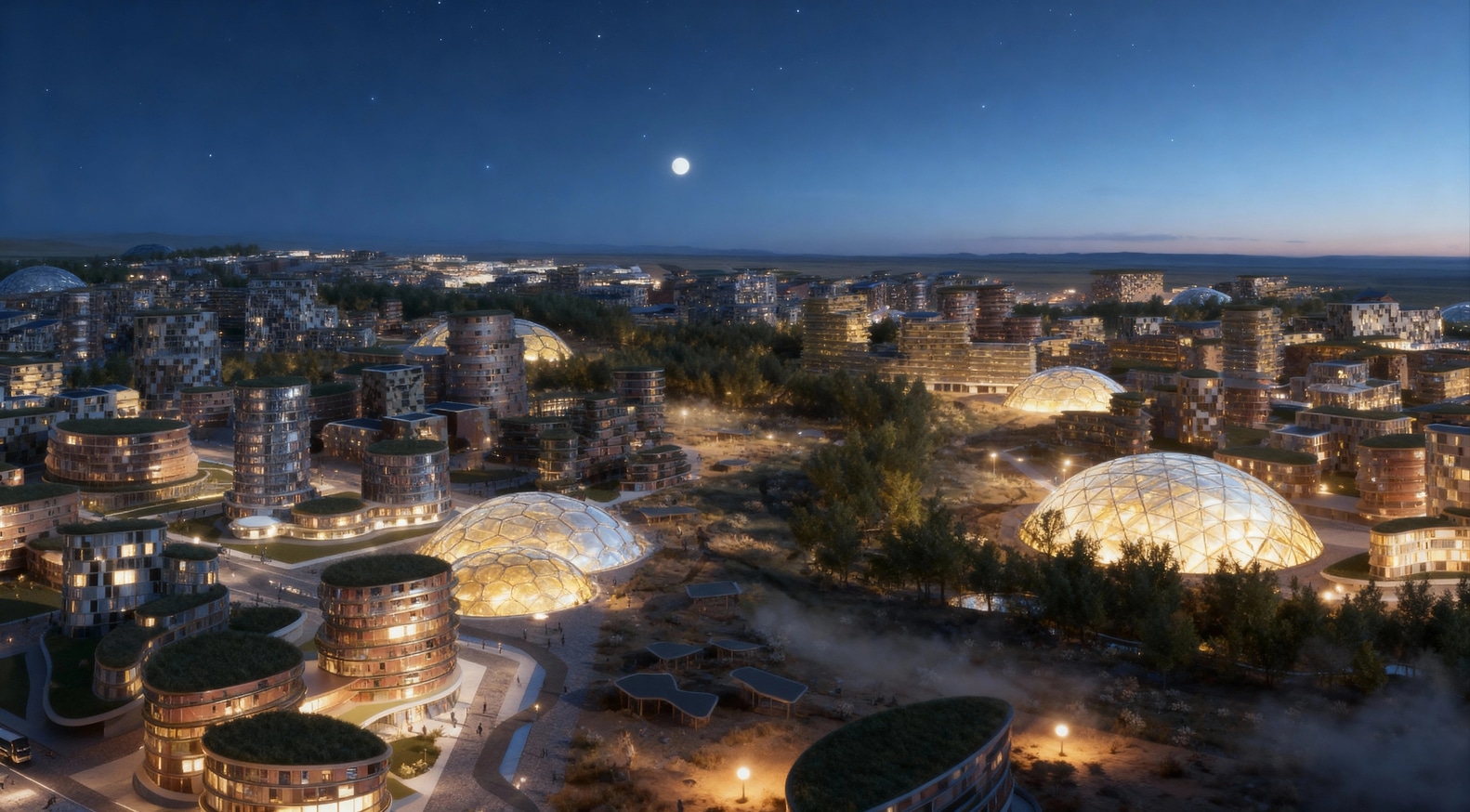 Aerial night rendering of Hunnu City master plan showing circular towers and geodesic domes under moonlight