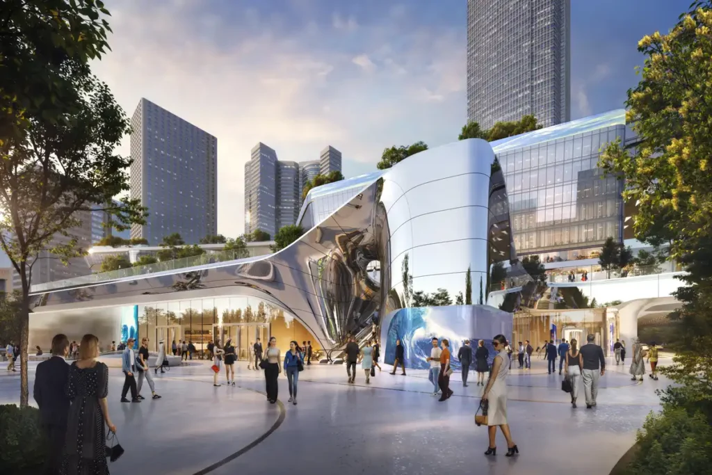 Rendered exterior view of the Central Yards Hong Kong theatre, showcasing its reflective, metallic, wave-like facade amidst surrounding high-rise buildings and greenery, with pedestrians in the plaza.