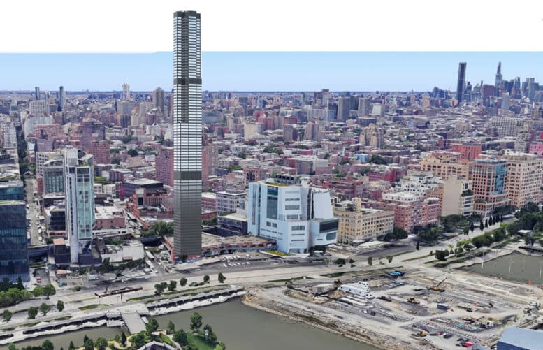 شهد جوي لبرج فائق مقترح مغطى بالزجاج، مُدرج على خلفية سماء مانهاتن، ويقع قرب نهر هدسون مع ظهور البنية الحضرية القائمة وحدائق الشاطئ.