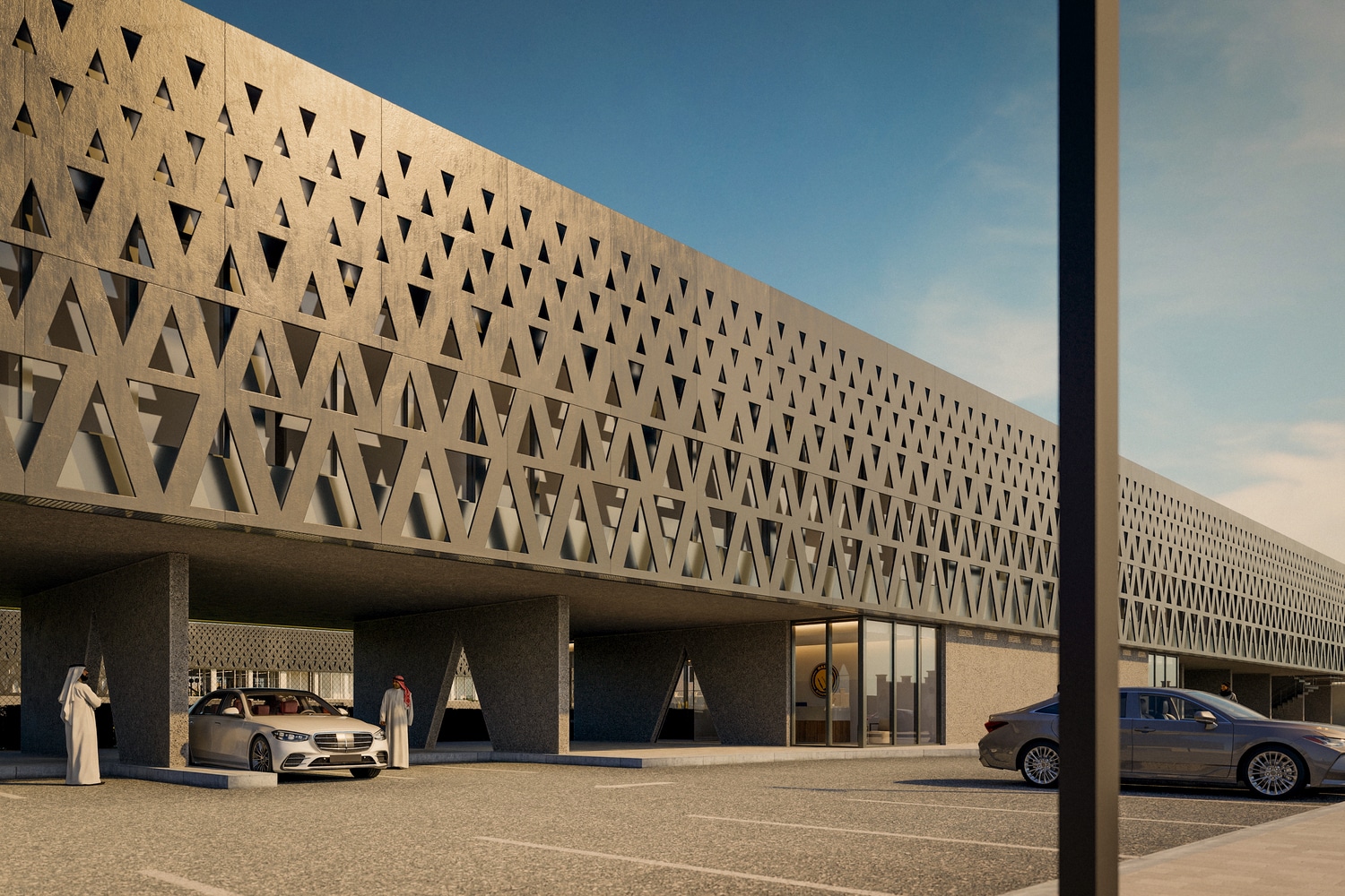 Exterior rendering of the House of Nassr Sports Complex in Riyadh, showcasing its geometric concrete facade with triangular cutouts and ground-level entrance under a cantilevered structure.