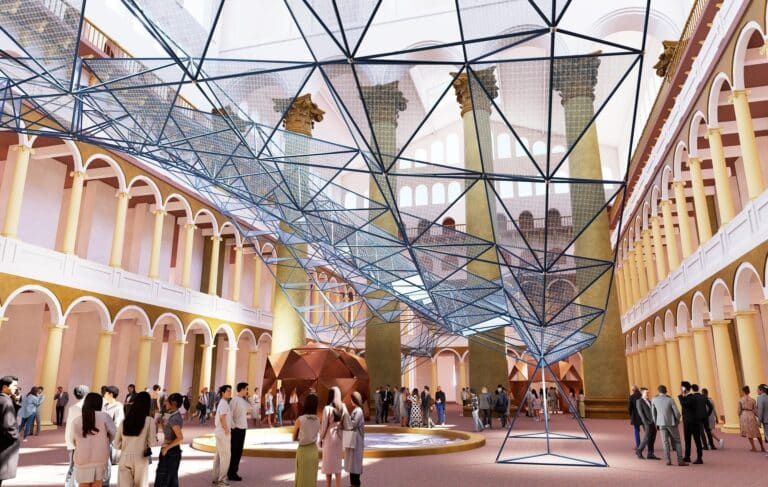 A large blue spaceframe structure suspended in a grand hall with Corinthian columns, illustrating the concept of Lightness of Strength.