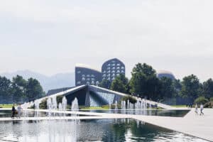 A conceptual rendering of the Eastern Gate Polycenter in Almaty, showing its layered pedestrian ramps, water features, and sculptural buildings set against a mountainous backdrop.