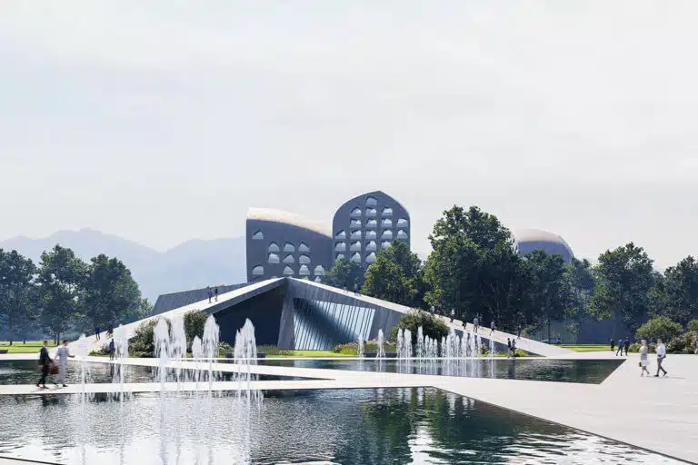 A conceptual rendering of the Eastern Gate Polycenter in Almaty, showing its layered pedestrian ramps, water features, and sculptural buildings set against a mountainous backdrop.