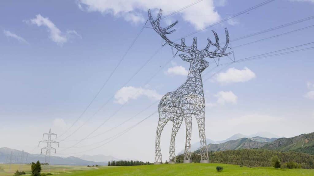 A conceptual electricity transmission tower in Austria designed as a stag, integrating structural engineering with regional symbolism through architectural infrastructure.