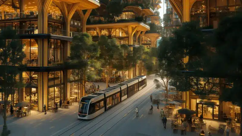 Conceptual rendering of Forest City, a proposed urban development in Suffolk, UK, featuring integrated greenery, modern tram system, and mixed-use high-rise buildings with illuminated facades.