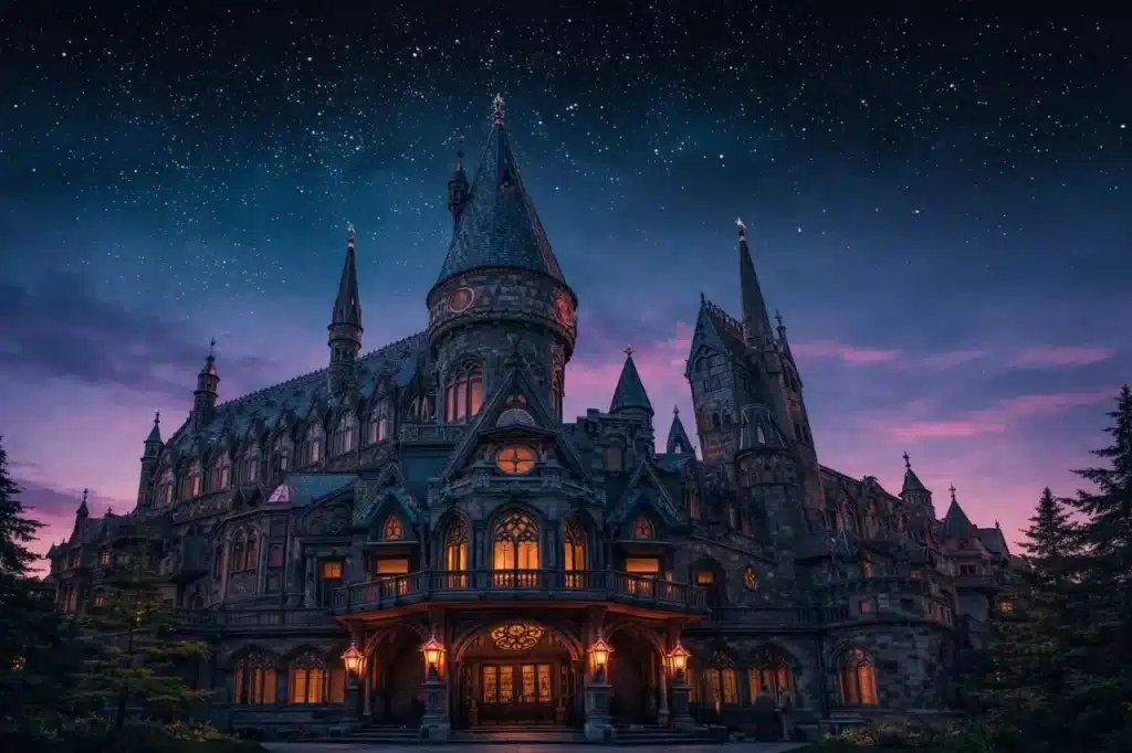 A grand Gothic-style castle illuminated at dusk under a starry sky, featuring pointed spires and arched windows. Structural stabilization is implied in its massive stone construction and symmetrical design.
