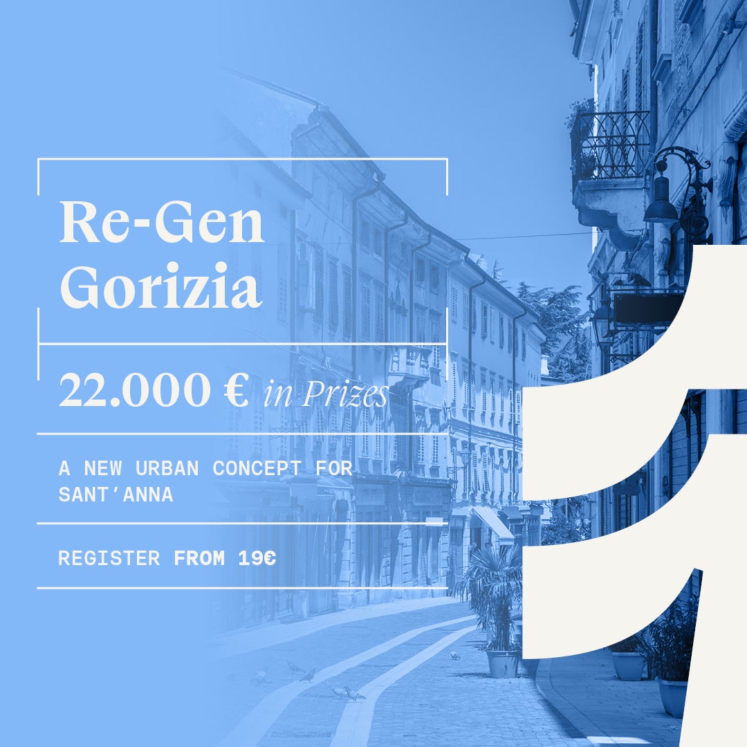 Promotional visual for the RE‑GEN GORIZIA Competition 2026 showing an urban regeneration concept with the contest title and prize information over a city backdrop.