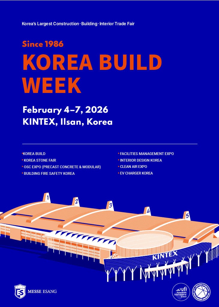 Photograph of an exhibition stand at Korea Build Week 2026 showing construction and architectural product displays in a large trade fair hall.