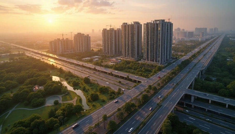 Aerial view of a major highway network running alongside clusters of high-rise residential towers during sunset.