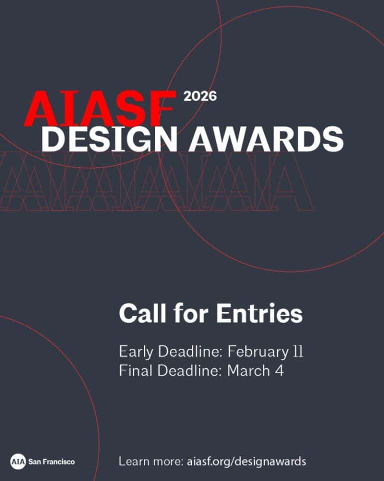 Poster for the AIASF Design Awards 2026 featuring the event title and visual design elements highlighting architecture and design excellence.