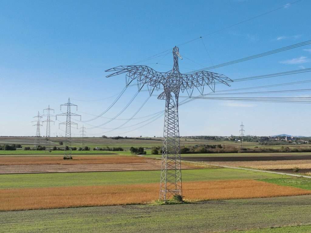 A conceptual electricity transmission tower in Austria designed as a stork, integrating structural engineering with regional symbolism through architectural infrastructure.