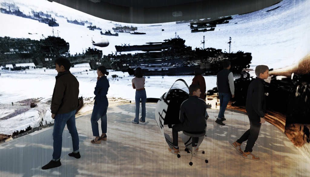 Visitors immersed in a historic battle via surrounding screens and dynamic lighting."