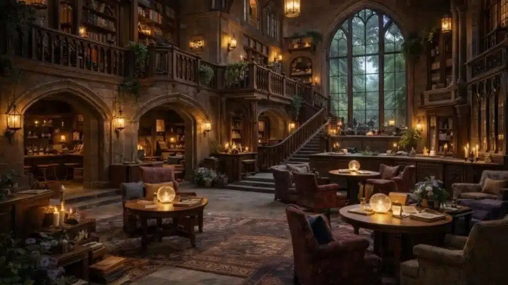 A grand, multi-level interior space with stone arches, wooden balconies, and warm ambient lighting. Structural stabilization is evident in the load-bearing walls and symmetrical staircases.