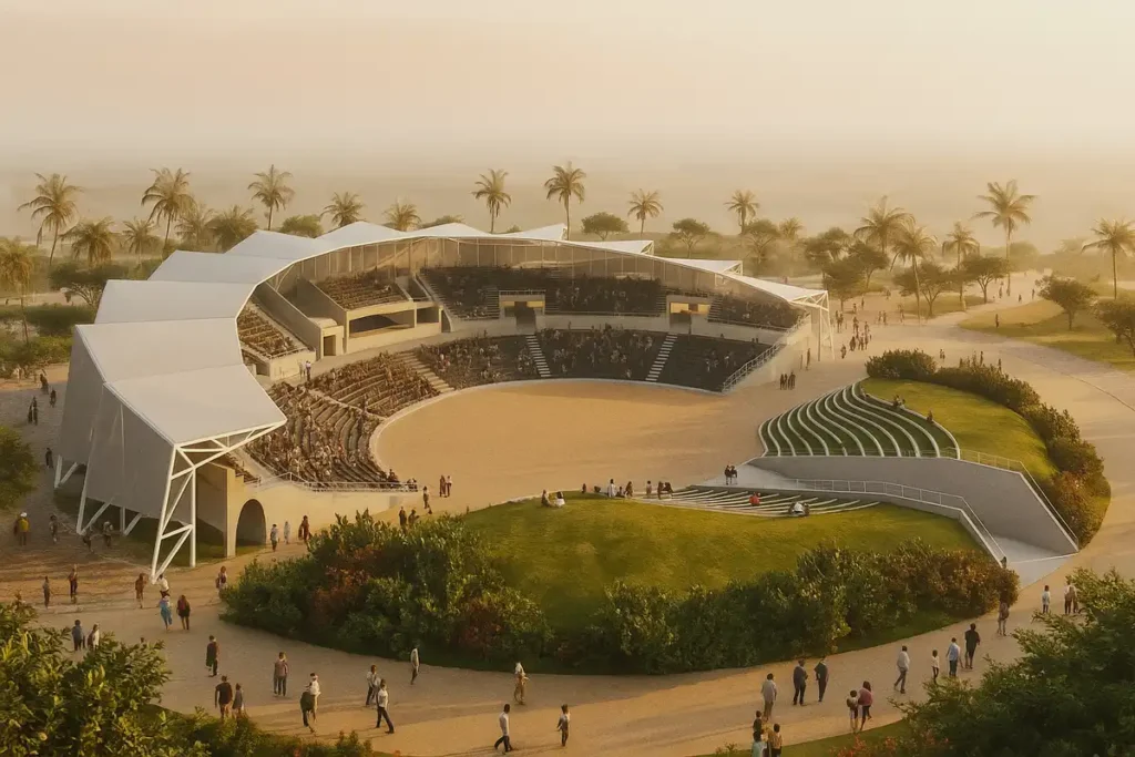 Green terraces encircle an open stage bathed in warm, golden sunset light