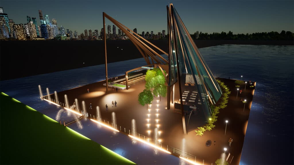 ملاذ عائم يتوهج بالضوء، يفصل بين المدينة والطبيعة في الليل.