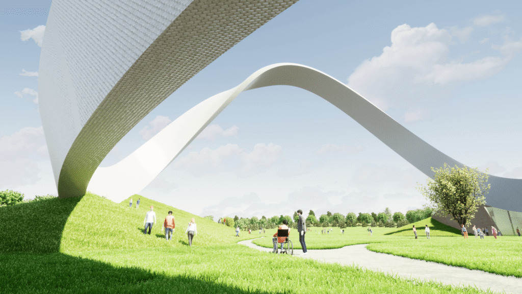 A digital rendering of the Eternal Wall of Answered Prayer near Birmingham, showing its Möbius strip form and visitor entrance with parked cars and landscaped grounds.