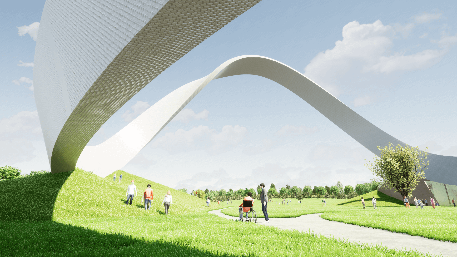 A digital rendering of the Eternal Wall of Answered Prayer near Birmingham, showing its Möbius strip form and visitor entrance with parked cars and landscaped grounds.