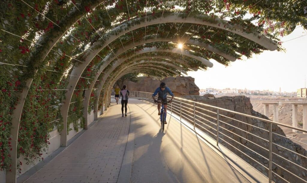 Cyclist and pedestrians on a shaded pathway within Dhahrat Nammar Park, covered in climbing plants with red flowers at sunset.