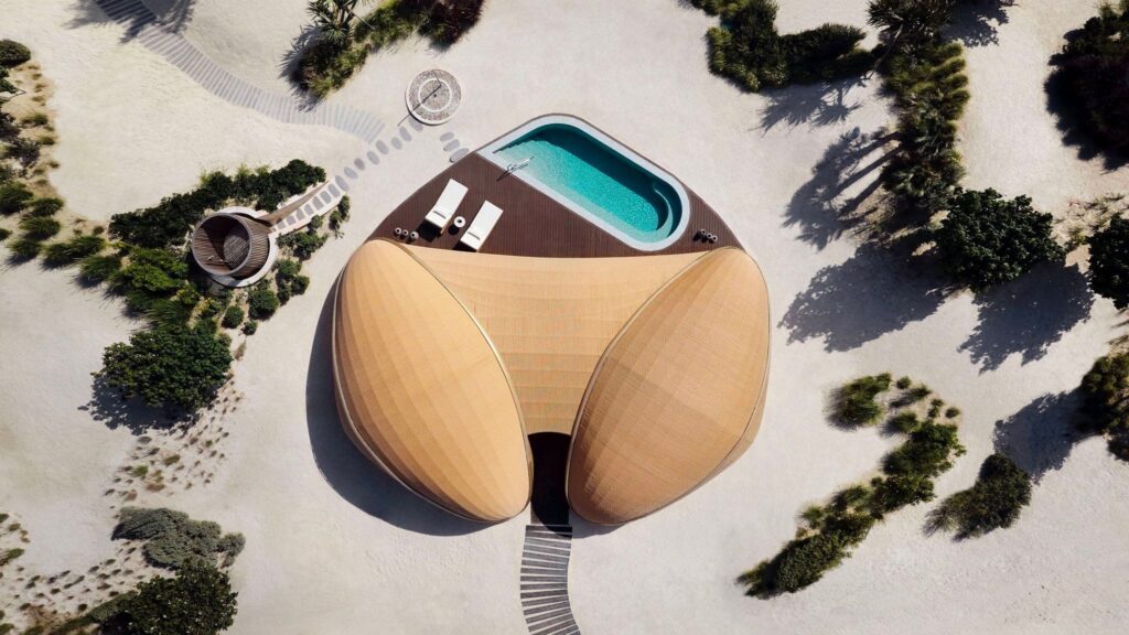 Aerial view of a modern, organically shaped villa with twin curved roofs and an infinity pool, nestled in a sandy landscape with scattered greenery.