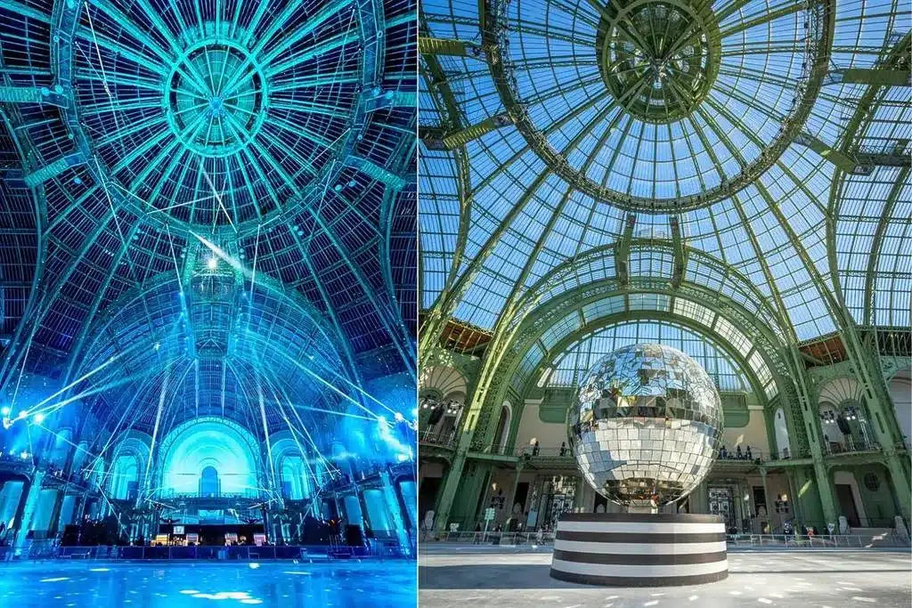 Contrast between the internal glass structure details, blue evening lighting, and the large reflective ball.