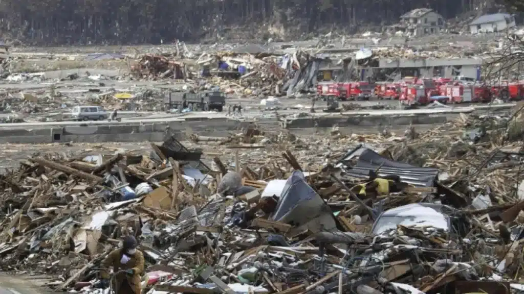 انهيار مبنى خشبي تقليدي فوق مركبة صغيرة، مما يوضح فشل الهياكل القديمة في توفير المرونة الزلزالية للمباني.