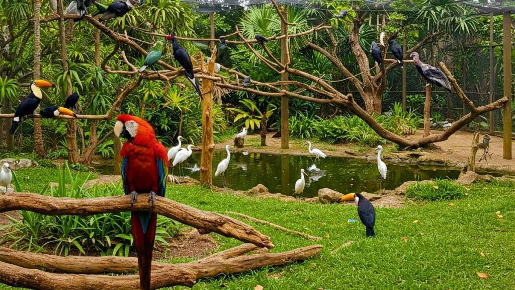 Exotic Bird Park habitat showcasing non-native species including scarlet macaws and toucans within a constructed naturalistic enclosure featuring water bodies, native foliage, and branch perches.