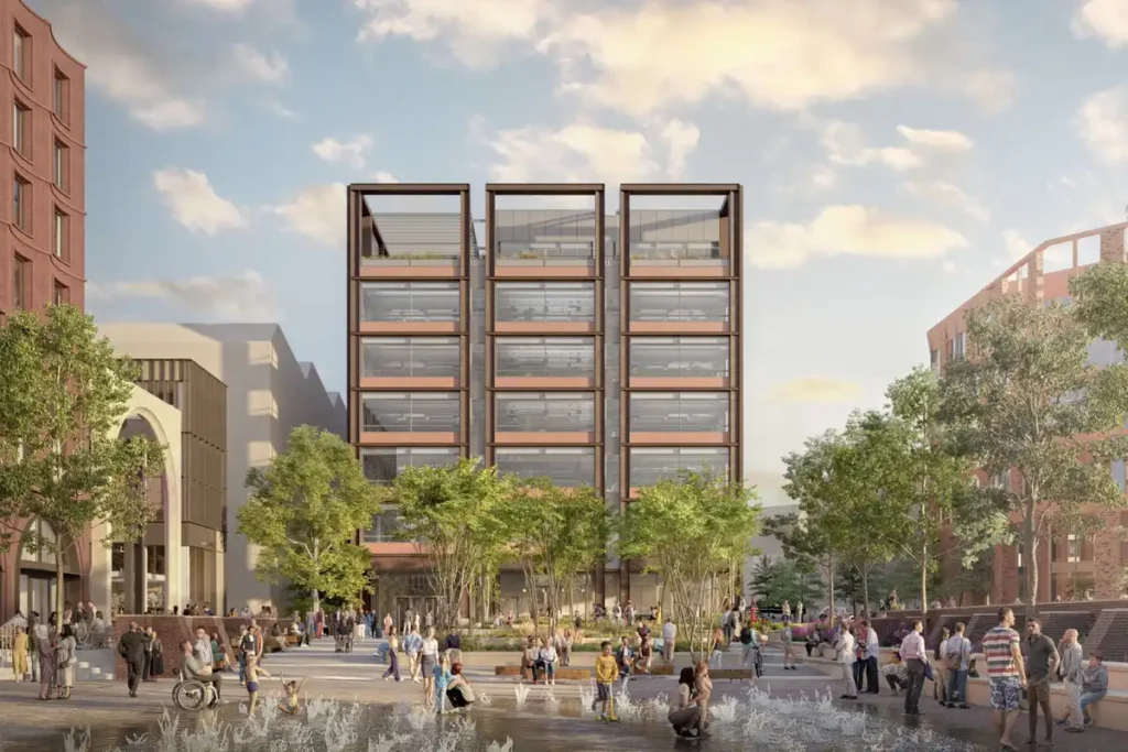رسم تخطيطي لمبنى حديث متعدد الطوابق بواجهة زجاجية وفلزية، محاط بأشجار وساحة عامة بها نافورات ومارة في مشروع يورك سنترال.