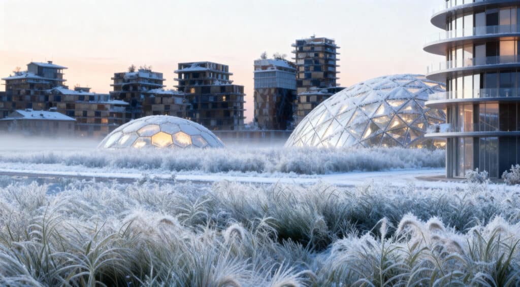 Snow-covered modular buildings and geodesic domes in Hunnu City master plan during winter twilight