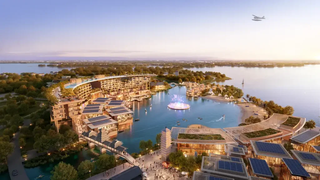 Aerial rendering of Shanghai Meifan Sailing Port at dusk, showing waterfront buildings with solar panels, a central lagoon with floating stage, pedestrian bridges, and surrounding greenery under a clear sky.