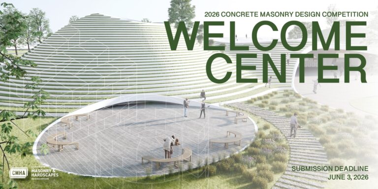 Promotional graphic for the 2026 Concrete Masonry Competition showing competition title and theme related to concrete masonry design challenges.
