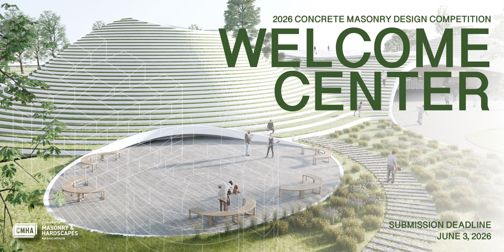 Promotional graphic for the 2026 Concrete Masonry Competition showing competition title and theme related to concrete masonry design challenges.