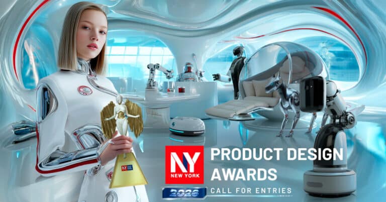 Promotional graphic for the NY Product Design Awards 2026 showing bold event title and visual design elements representing the international product design awards.