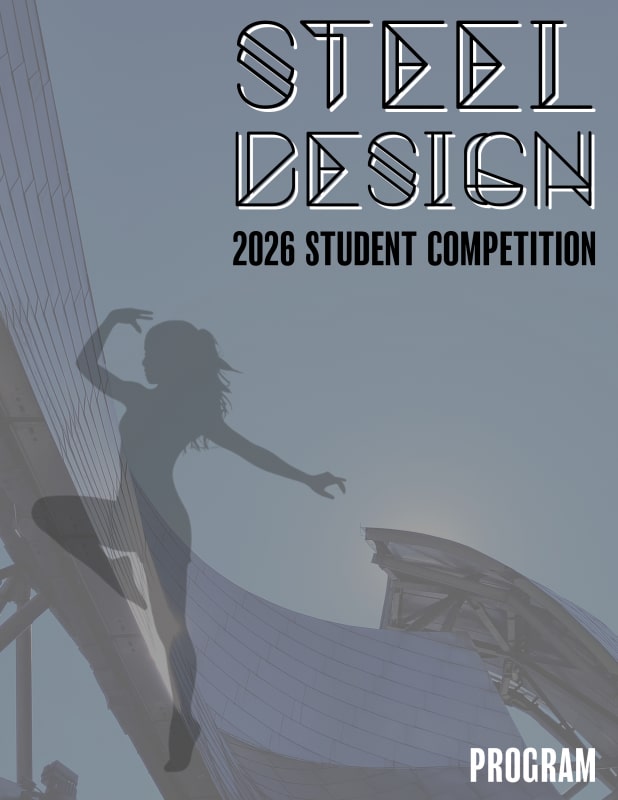 Promotional graphic for the 2026 Steel Design Student Competition showing competition title and steel design theme for student architecture challenge.