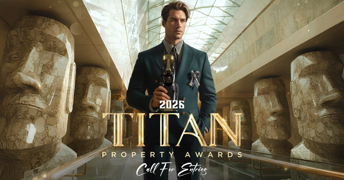 Promotional graphic for the TITAN Property Awards 2026 showing the event title in bold typography and design elements representing excellence in property and real estate design.